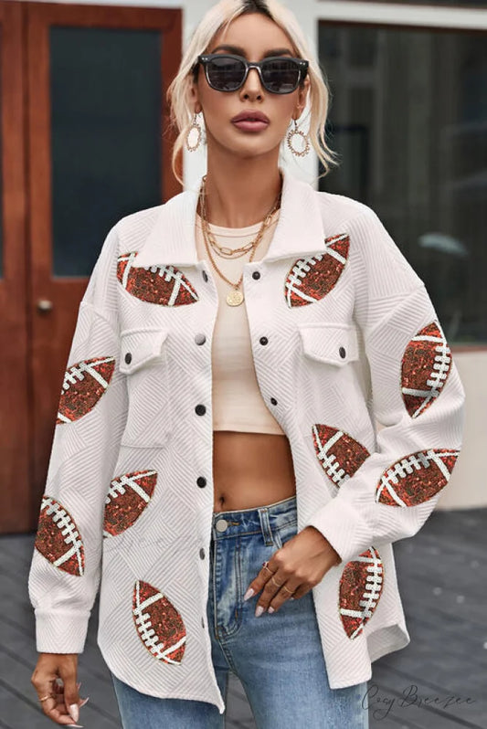 Snap and Patch Button Collared with Jacket Neck Football Sequin Closure White / M