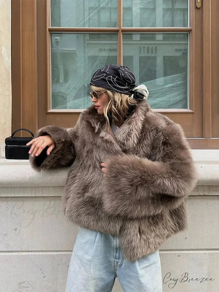 Soft Fluffy Lapel Full Sleeve Coat Brown / S coats-241228