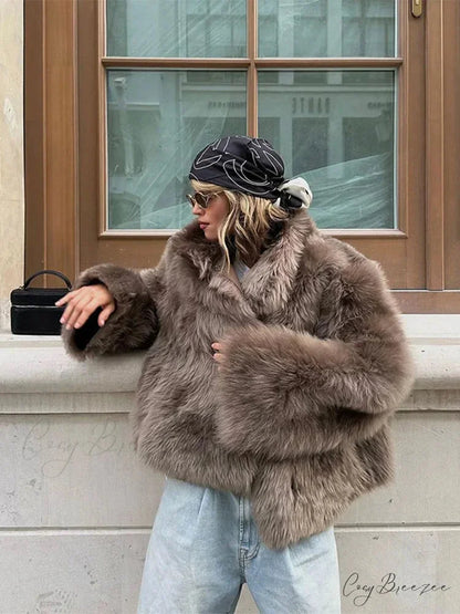 Soft Fluffy Lapel Full Sleeve Coat Brown / S coats-241228
