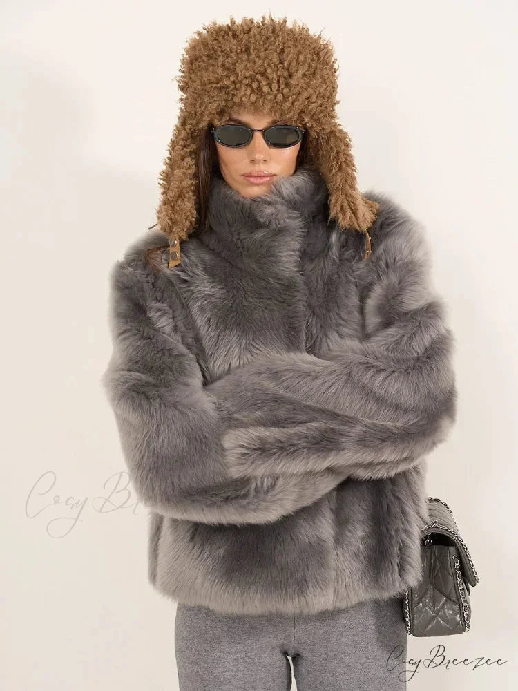 Soft Fluffy Lapel Full Sleeve Coat Grey / S coats-241228