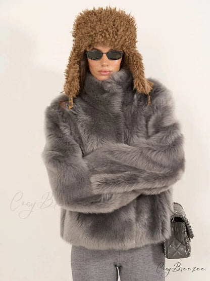 Soft Fluffy Lapel Full Sleeve Coat Grey / S coats-241228