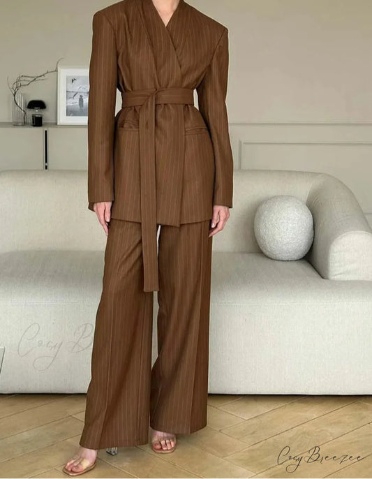 Soft Knitted Pleated Mini Skirt Formal Two Piece Set Brown / S officetwopieceset-250223