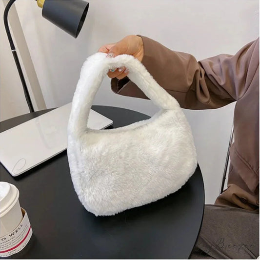 Soft Plush Leopard Shoulder Tote Handbag White handbag-250126