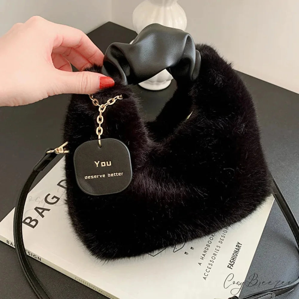 Soft Plush Simple Crossbody Womens Handbag Black handbag-250126