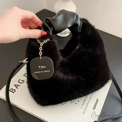 Soft Plush Simple Crossbody Womens Handbag Black handbag-250126