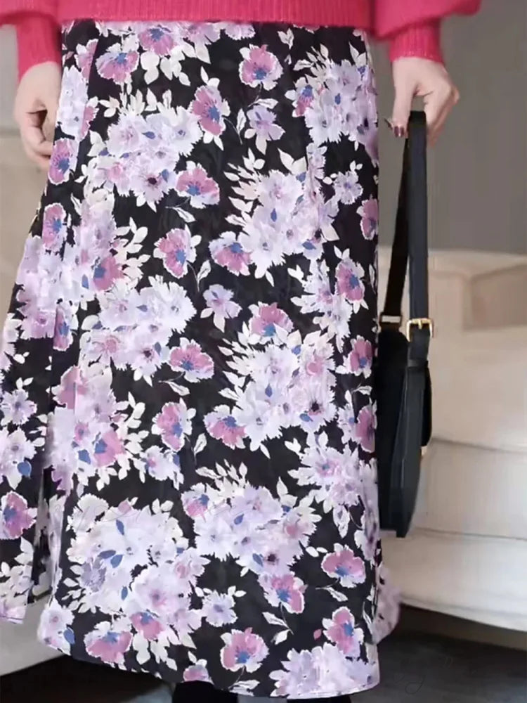 Soft Purple Floral Midi Skirt Winter Female Split Hem High Waist skirt-250126