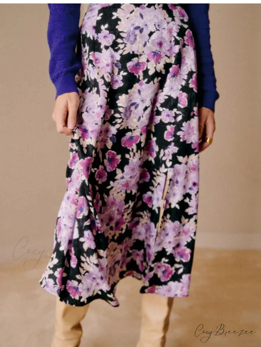 Soft Purple Floral Midi Skirt Winter Female Split Hem High Waist skirt / S skirt-250126