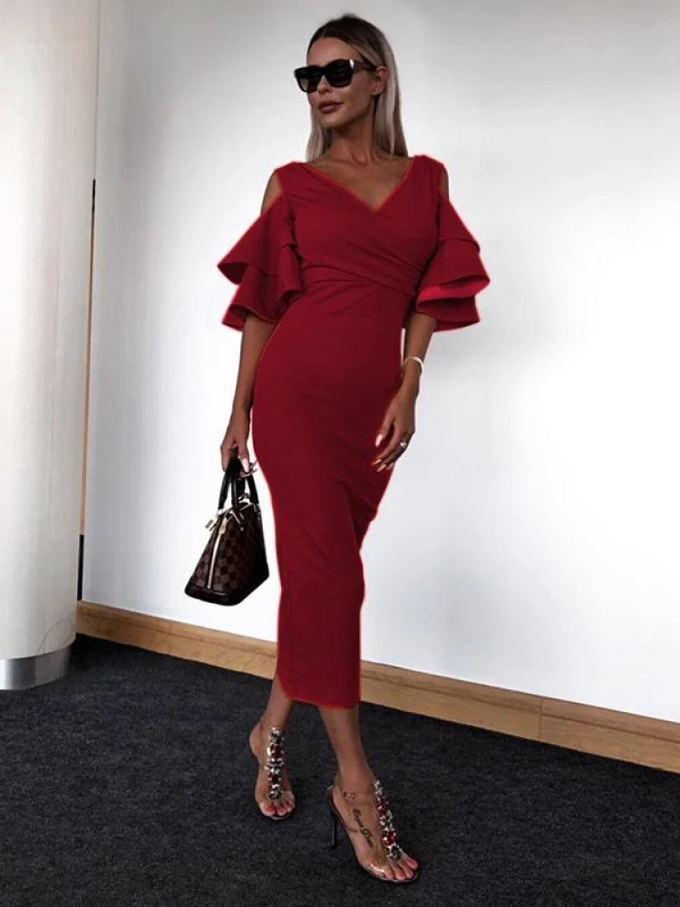 Soft V-neck Midi Dress with Unique Design M / GREEN
