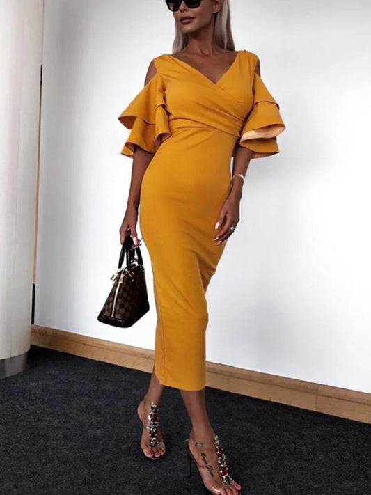 Soft V-neck Midi Dress with Unique Design S / YELLOW