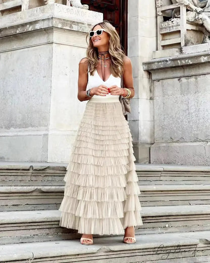 Solid Ball Gown High Waist Pleated Mesh Dating Maxi Skirt Apricot / S skirt-250126