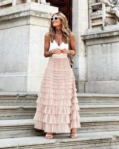 Solid Ball Gown High Waist Pleated Mesh Dating Maxi Skirt Pink 1 / S skirt-250126