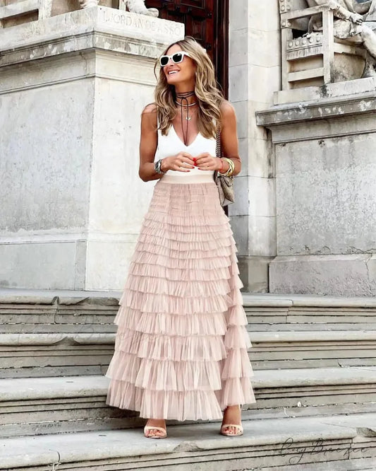 Solid Ball Gown High Waist Pleated Mesh Dating Maxi Skirt Pink 1 / S skirt-250126