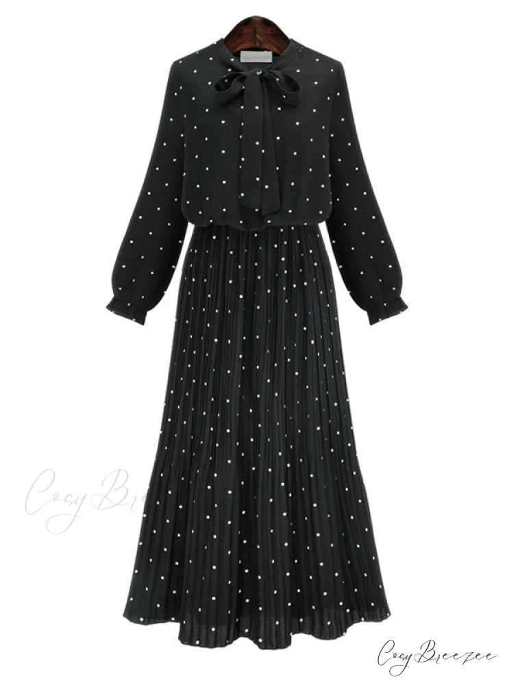 Solid Black Chiffon Dot Loose Big Size Dress with Long Sleeves