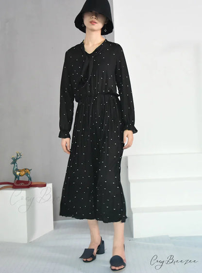 Solid Black Chiffon Dot Loose Big Size Dress with Long Sleeves