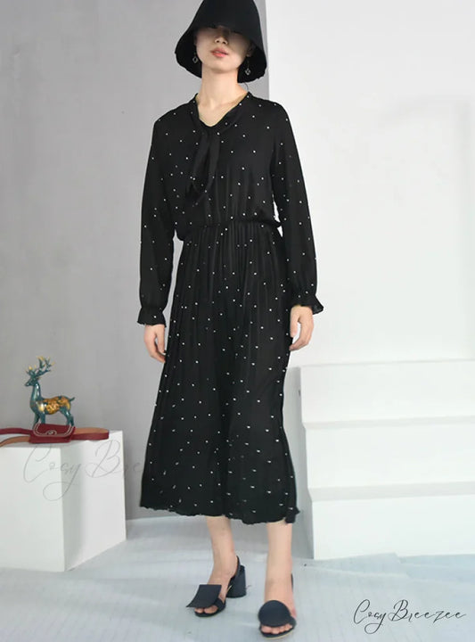 Solid Black Chiffon Dot Loose Big Size Dress with Long Sleeves