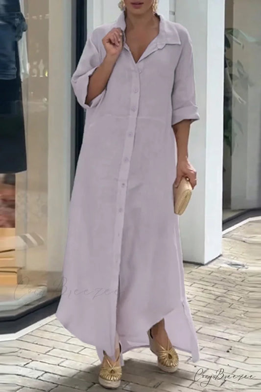 Solid Blouse Casual Buttons Neckline Turndown Dress Gray Purple / S