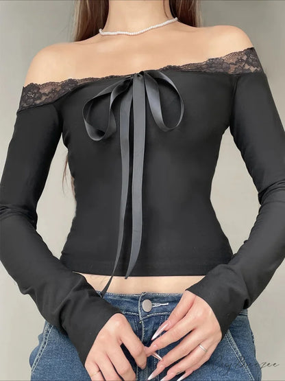 Solid Bow Patchwork Lace Slash Neck Long Sleeve Knit Top Black / S knittop-250126