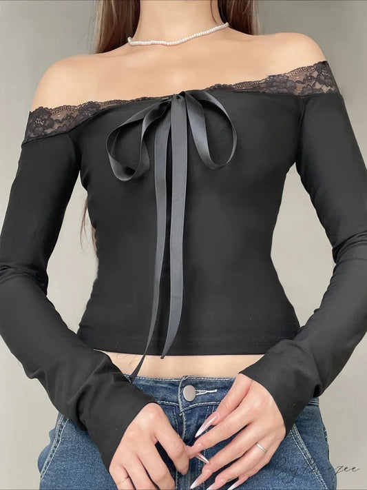 Solid Bow Patchwork Lace Slash Neck Long Sleeve Knit Top Black / S knittop-250126