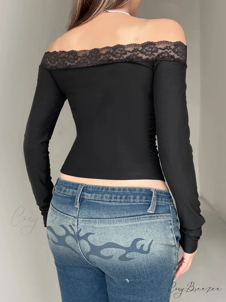 Solid Bow Patchwork Lace Slash Neck Long Sleeve Knit Top knittop-250126