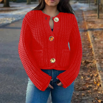 Solid Button-Down V-Neck Casual Knit Cardigan Red / S cardiagn-250126