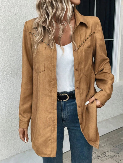 Solid Button Front Pocket Patched Coat
