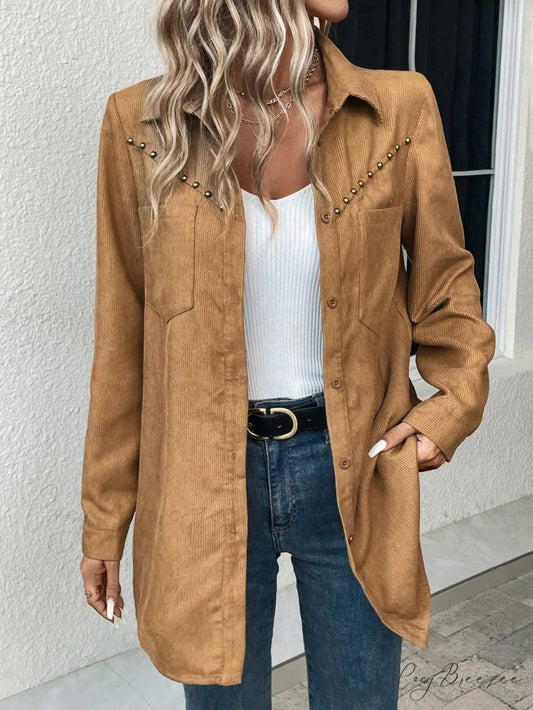 Solid Button Front Pocket Patched Coat
