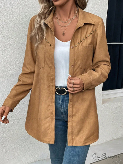 Solid Button Front Pocket Patched Coat