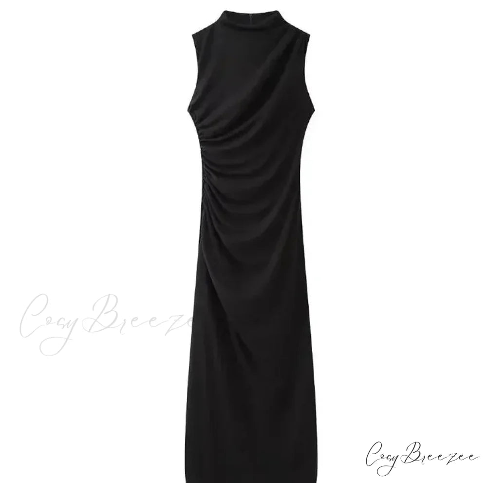 Solid Chic High Waisted Sexy Rear Split Office Lady Commuting Midi Dress NAVY BLUE / S