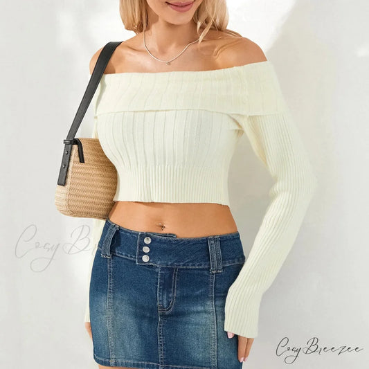 Solid Color Boat Neck Crop Sweater swraters-241228
