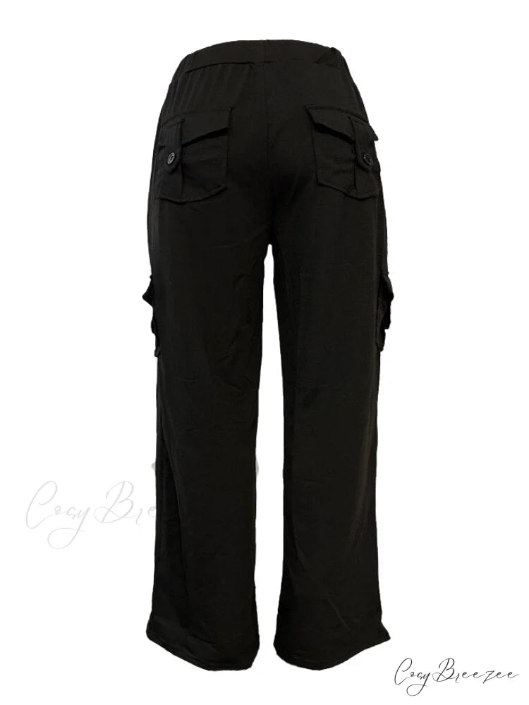Solid Color Cargo Jogger Drawstring Elastic Waist Trousers Black / XS