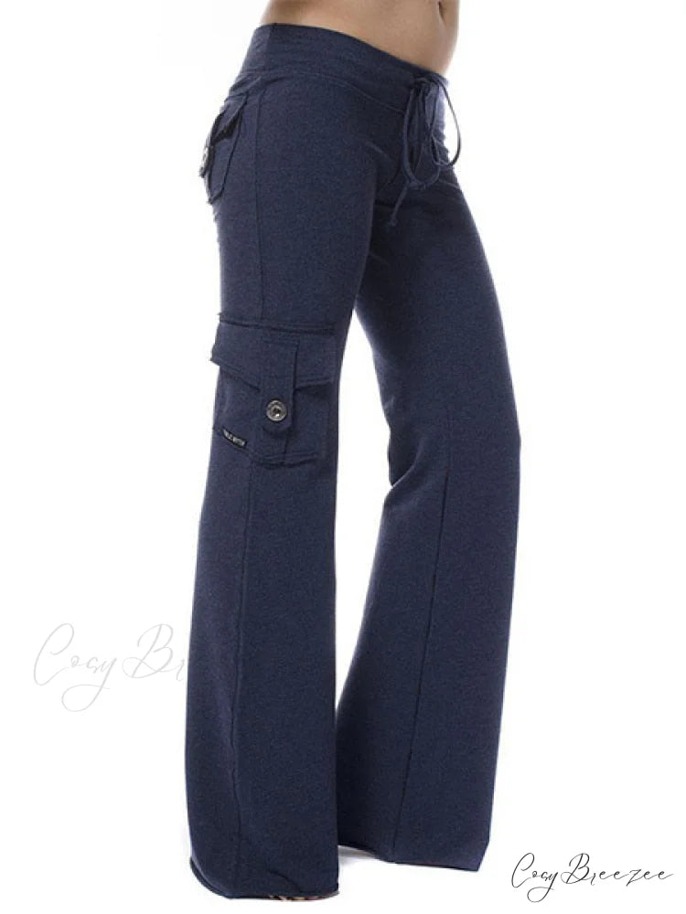 Solid Color Cargo Jogger Drawstring Elastic Waist Trousers Blue / XS