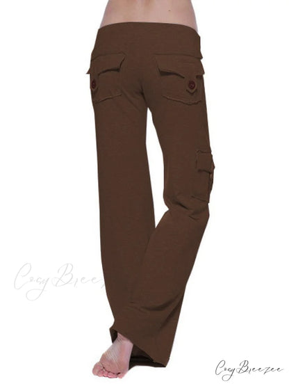 Solid Color Cargo Jogger Drawstring Elastic Waist Trousers Browm / XS