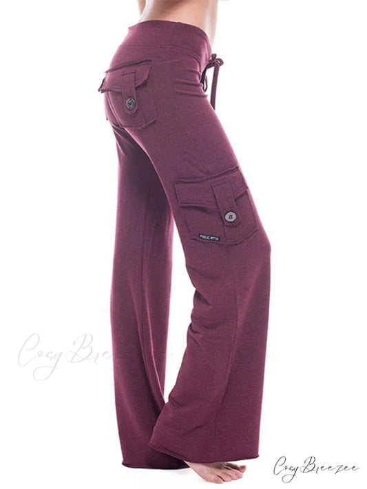 Solid Color Cargo Jogger Drawstring Elastic Waist Trousers Burgundy / XS