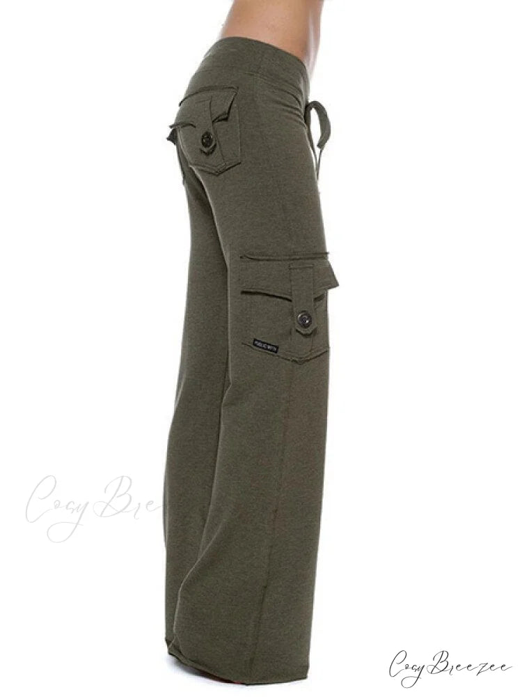 Solid Color Cargo Jogger Drawstring Elastic Waist Trousers Green / XS