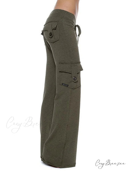 Solid Color Cargo Jogger Drawstring Elastic Waist Trousers Green / XS