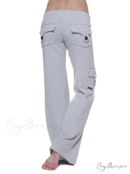 Solid Color Cargo Jogger Drawstring Elastic Waist Trousers Grey / XS