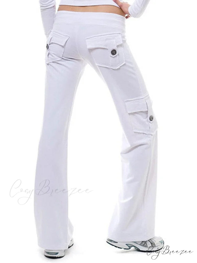 Solid Color Cargo Jogger Drawstring Elastic Waist Trousers White / XS