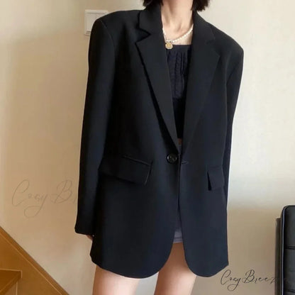 Solid Color Commuting Korean Autumn Spring Oversize Loose Button Blazer Black / S