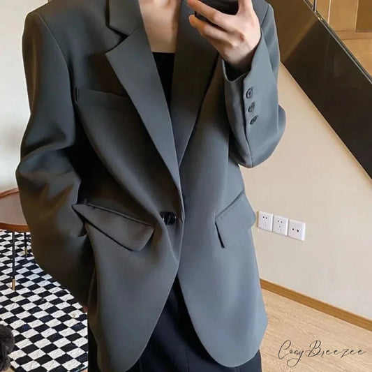 Solid Color Commuting Korean Autumn Spring Oversize Loose Button Blazer GRAY / S