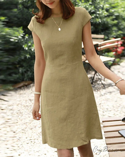 Solid Color Cotton and Linen Short-Sleeved Dress Green / S