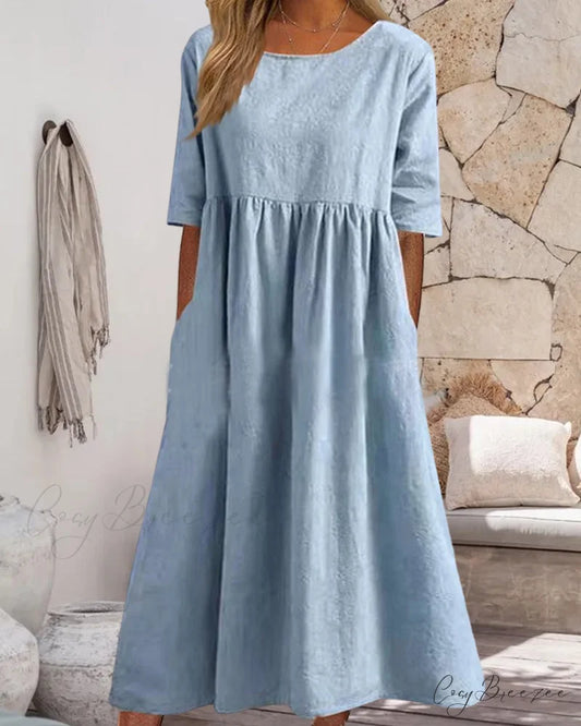 Solid color cotton linen dress Blue / S