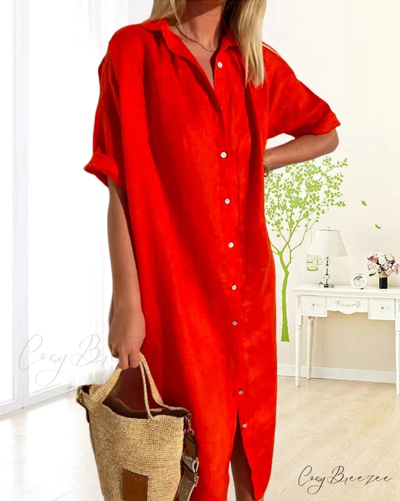 Solid color cotton shirt dress