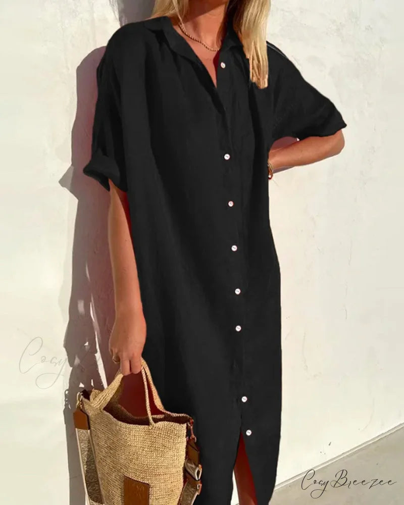 Solid color cotton shirt dress Black / S