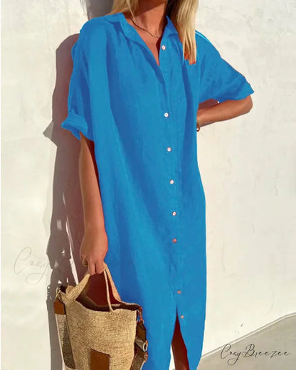 Solid color cotton shirt dress Blue / S