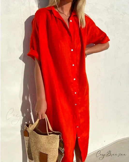 Solid color cotton shirt dress Red / S
