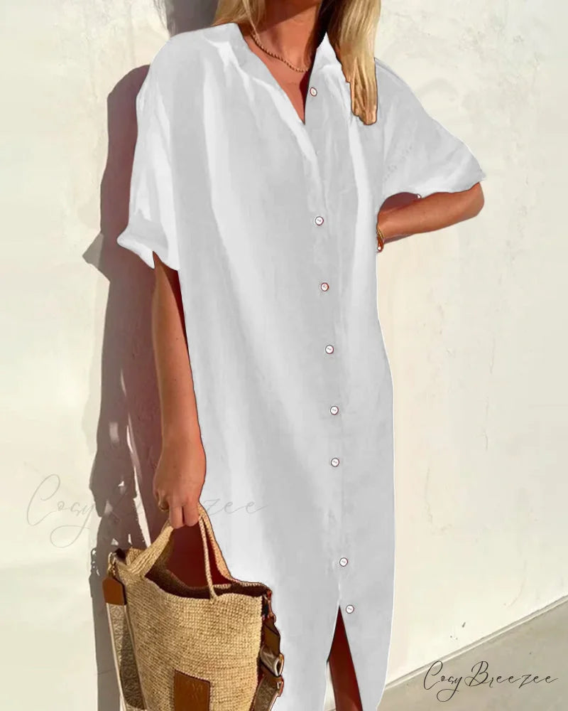 Solid color cotton shirt dress White / S