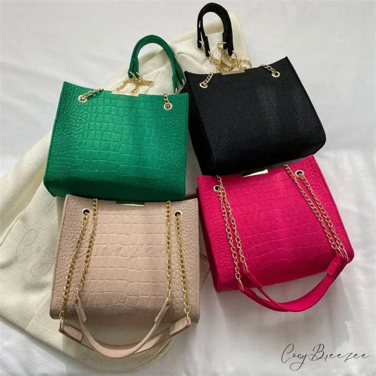 Solid Color Crocodile Print Large Capacity Shoulder Handbag handbag-250126