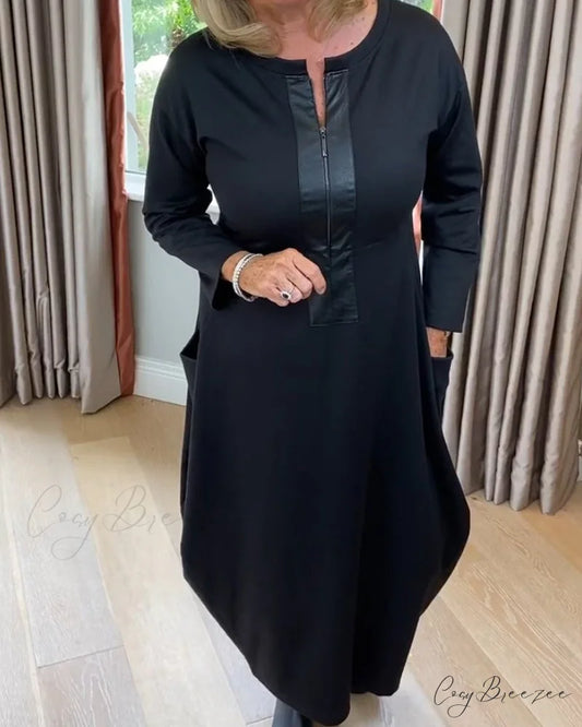 Solid color dress with pocket zipper Black / S
