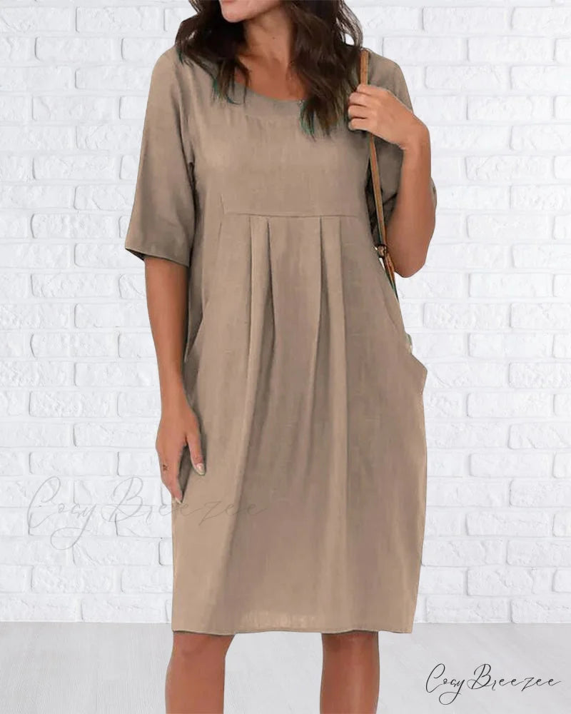 Solid Color Dress with Pockets Khaki / S