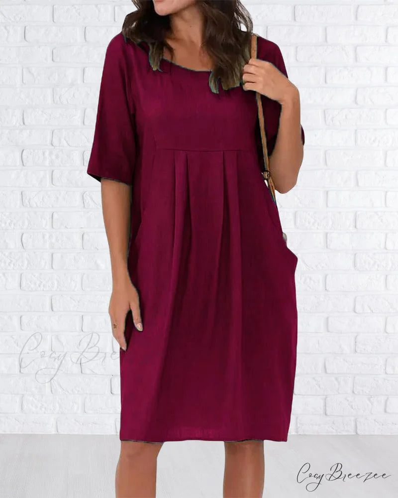 Solid Color Dress with Pockets Red / S